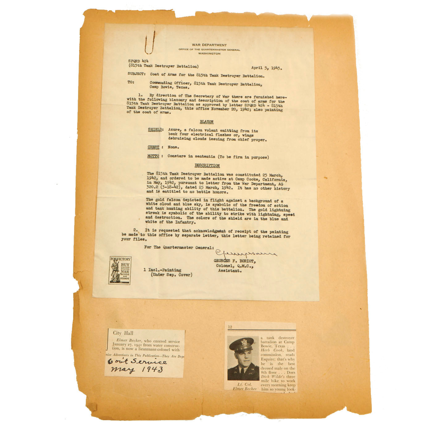 Original U.S. WWII Named 775th Tank Battalion Commander Bronze Star Re ...