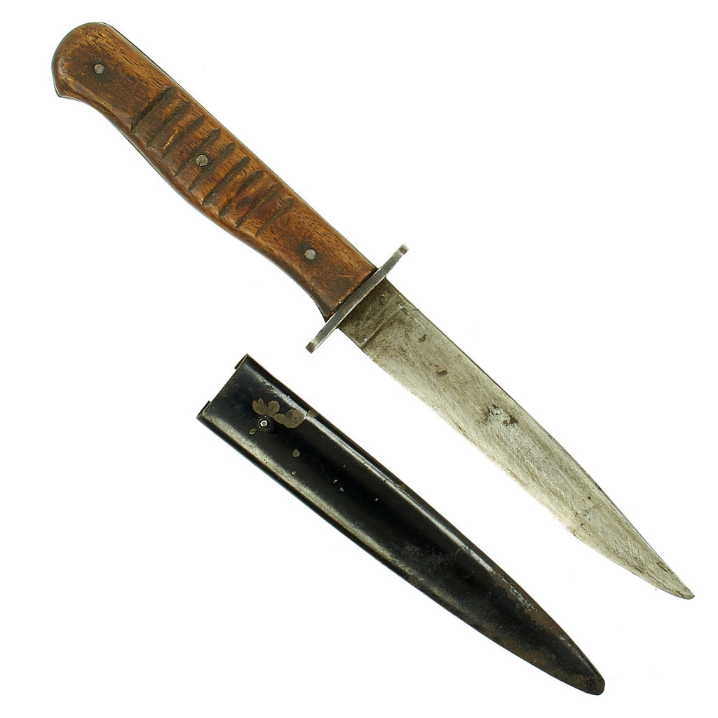 Original German WWI & WWII Ribbed Wood Handle Trench Fighting Knife with Steel Boot Scabbard Original Items