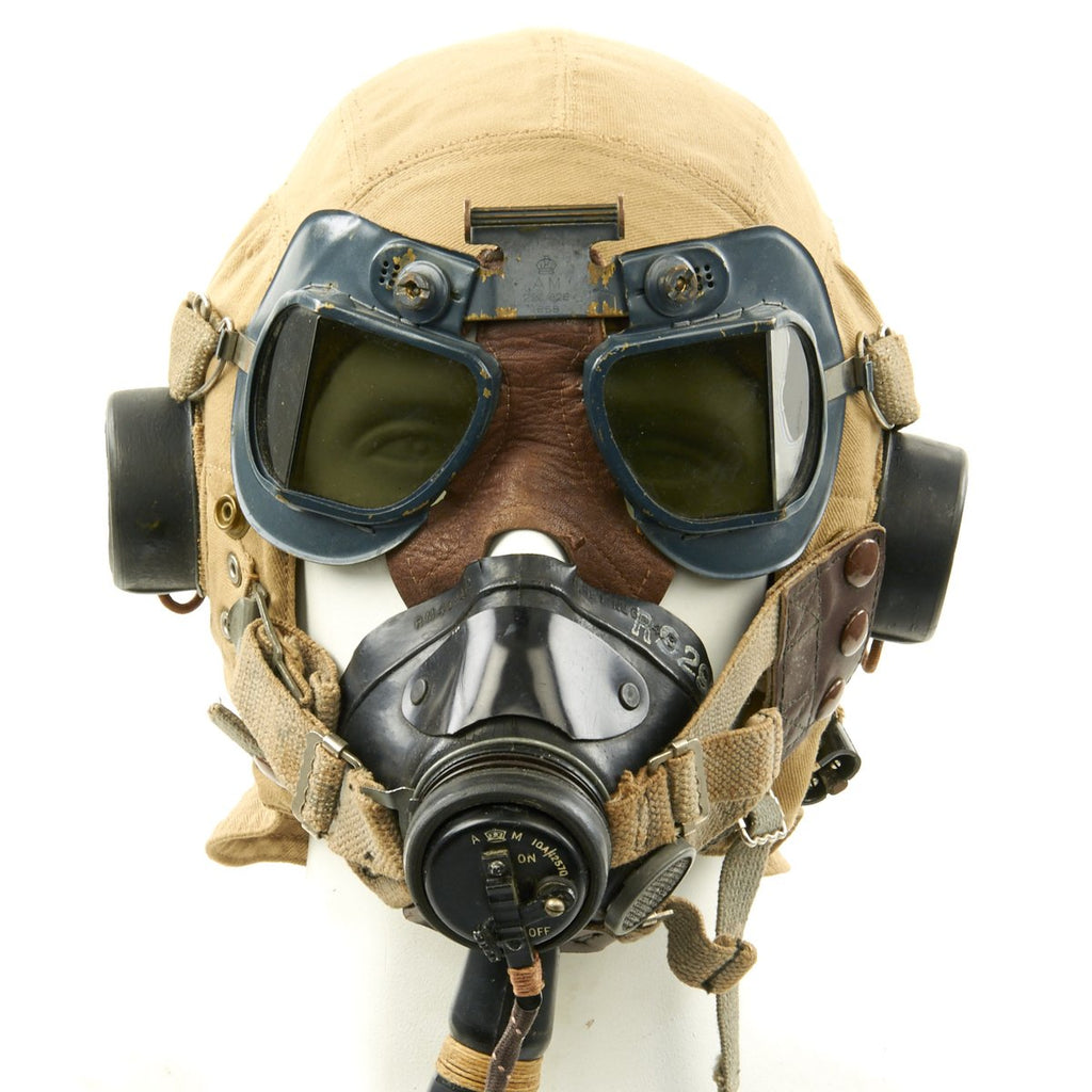 Original British WWII RAF Type D Flying Helmet with Mk VII Goggles and Oxygen Mask Original Items