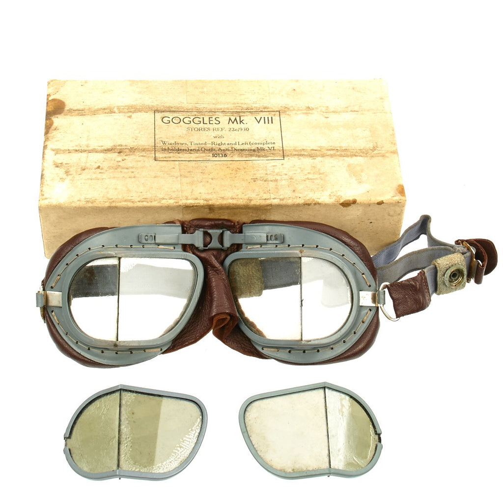 Original British WWII RAF Mk VIII Flying Goggles Unissued in Original Box with Spare Lenses by Fish Optical Original Items