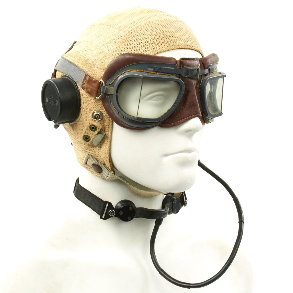 Original British WWII RAF Type E Flying Helmet with Mk VIII Goggles and Throat Microphone Original Items