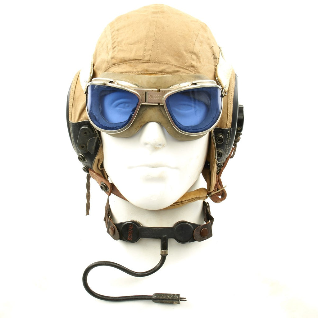 Original U.S. WWII Army Air Force Aviator Flight Helmet Set - AN6530 Blue Goggles, AN-H-15 Helmet, T-3O-V Throat Mic and ANB H-1 Receivers Original Items