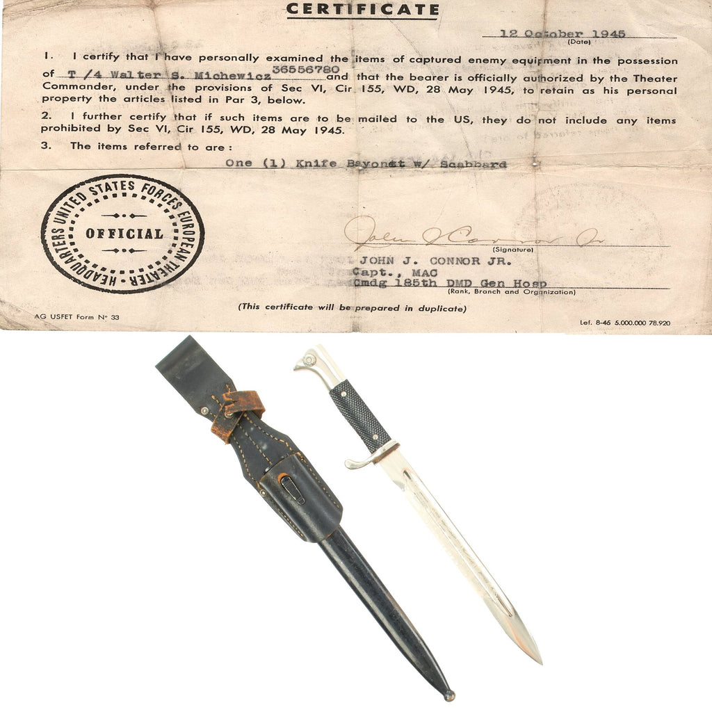 Original German WWII Single Etched Short Heer Army 98k Rifle Bayonet by Eickhorn with Bring Back Certificate Original Items
