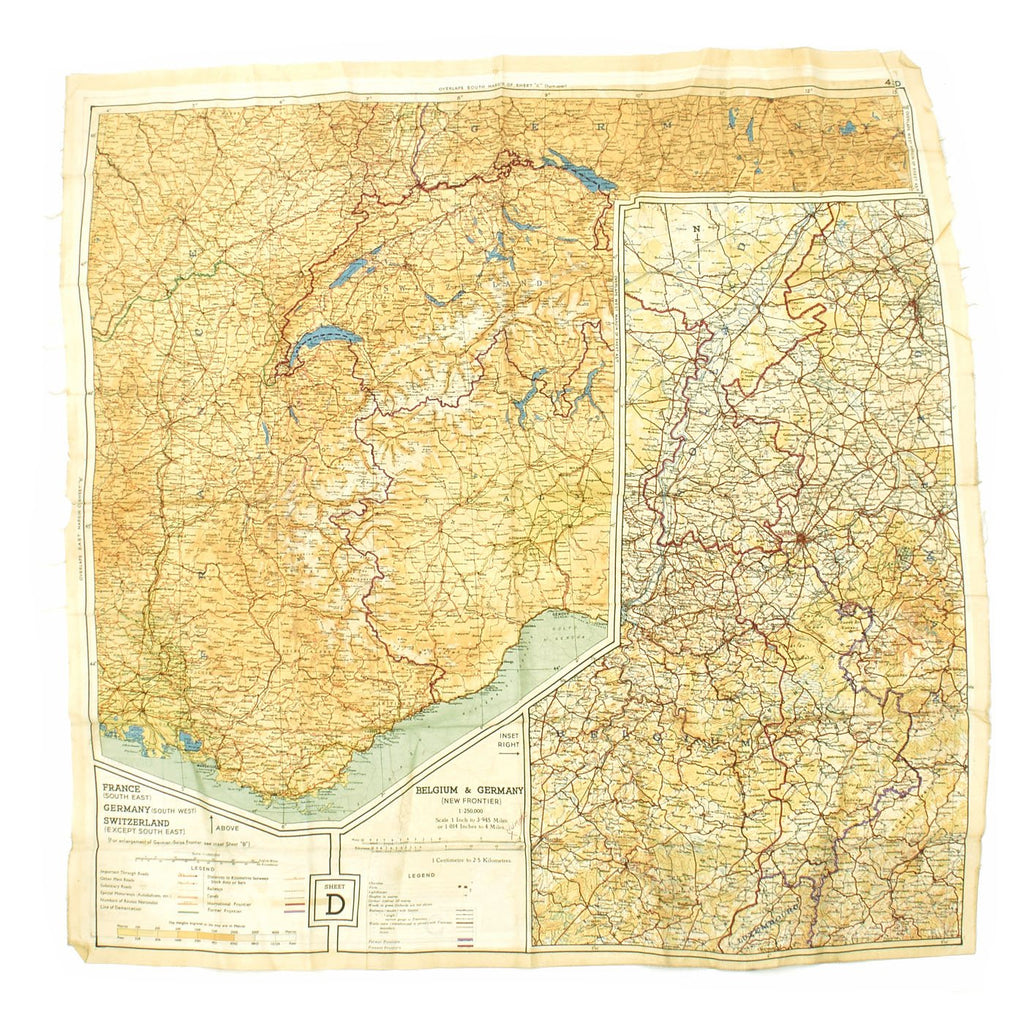 Original U.S. WWII Silk Escape Map of Western Europe 43/C 43/D with Service Wear and Markings Original Items