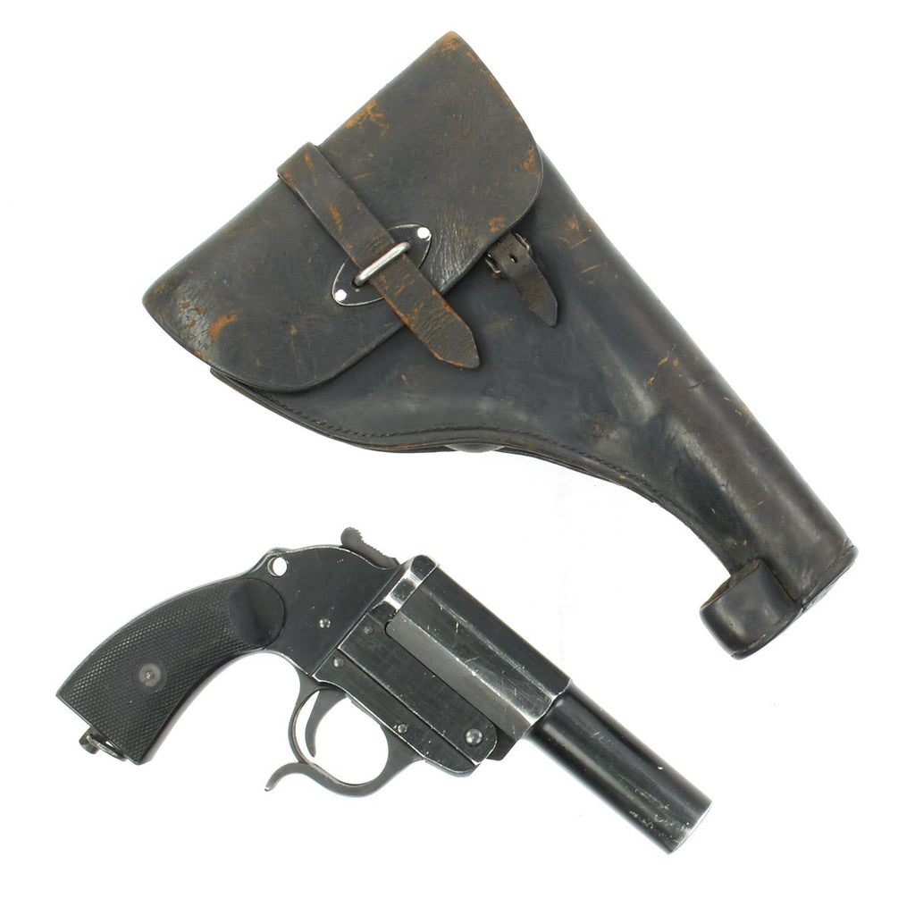 Original German WWII Leuchtpistole 34 Heer Signal Flare Pistol with Leather Holster - Dated 1942 Original Items