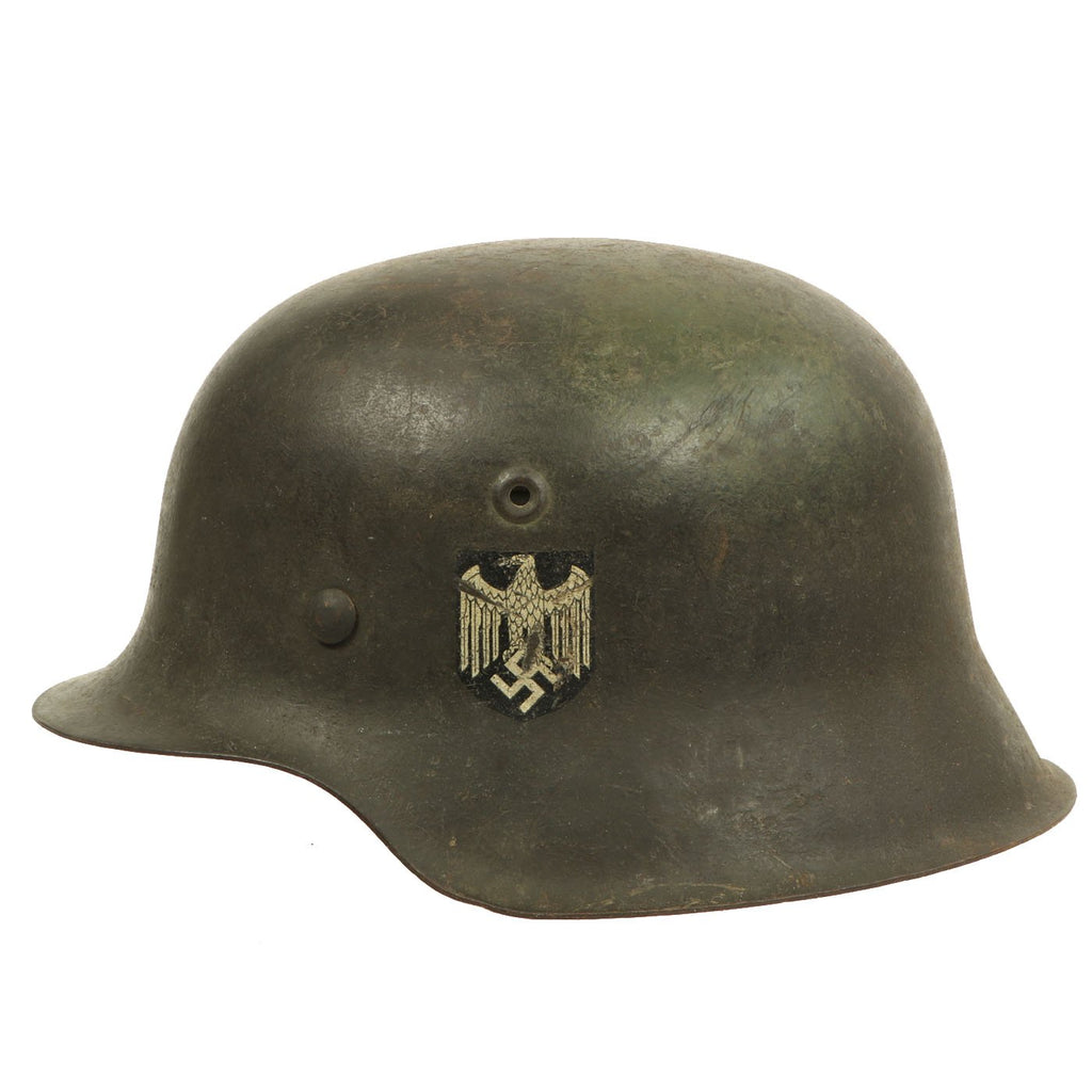 Original German WWII M42 Single Decal Army Heer Helmet Shell with Liner Band & Dome Stamp - ET64 Original Items