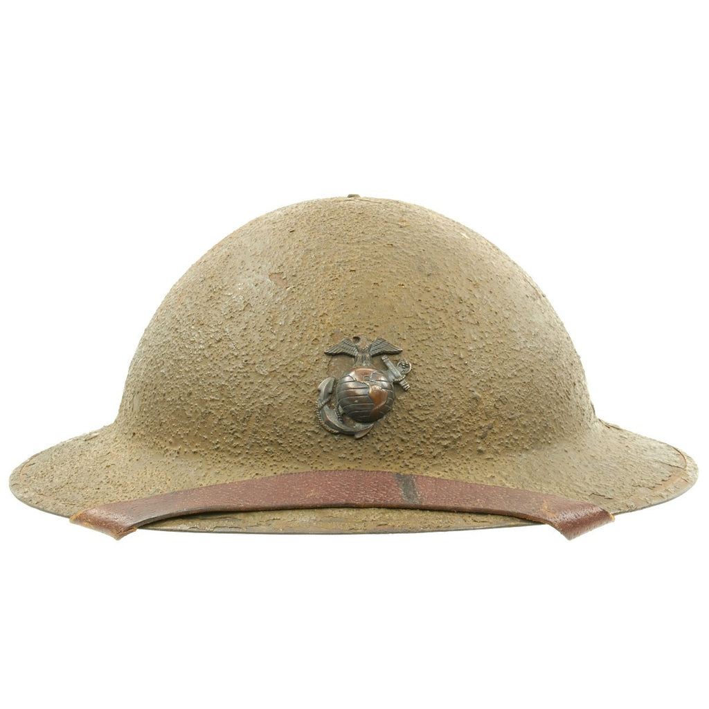Original U.S. USMC WWI M1917 Doughboy Helmet with Textured Paint and Intact Liner and Chinstrap Original Items