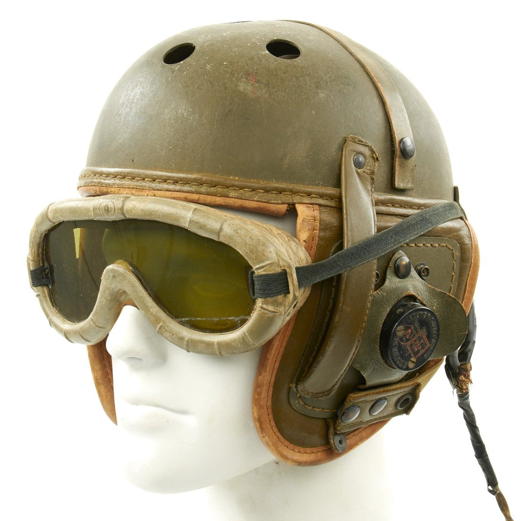 Original U.S. WWII M38 Tanker Helmet by Rawlings with Type R-14 Earphones and Polaroid Goggles Original Items