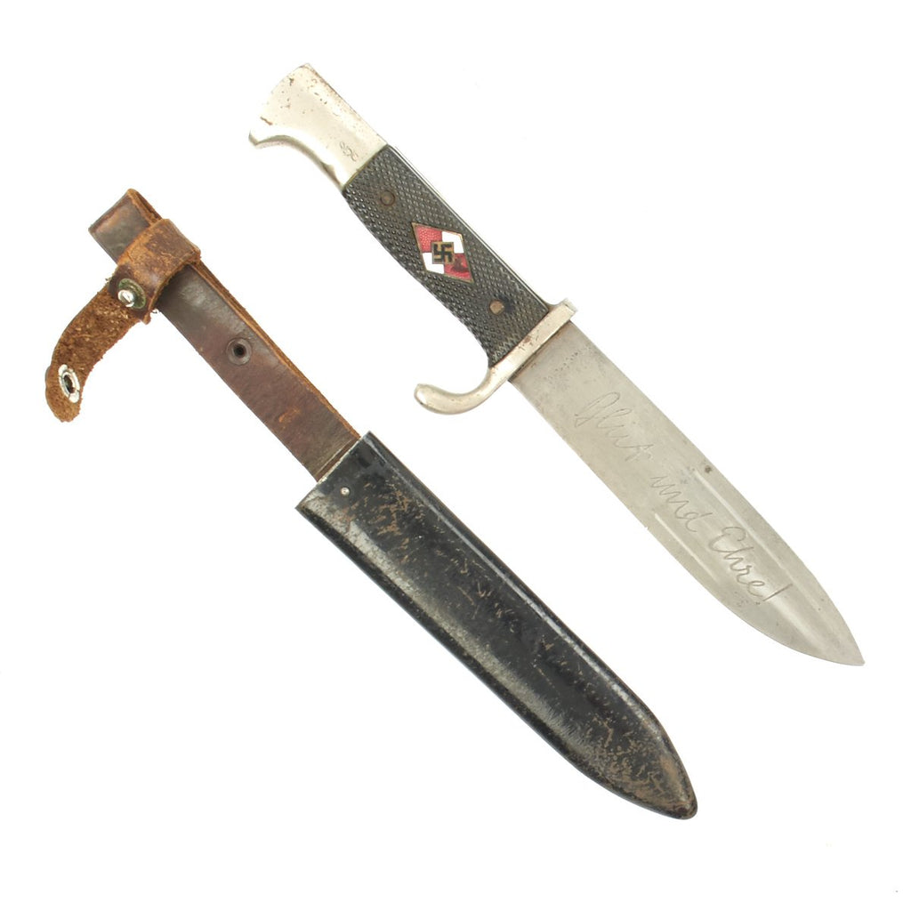 Original German WWII Hitler Youth Knife with Motto-Marked Blade and Scabbard Original Items