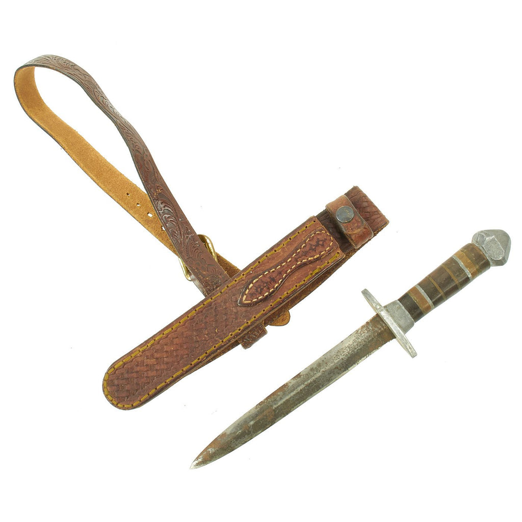 Original U.S. WWII Custom Theater Made Fighting Knife with Tooled Leather Scabbard Original Items