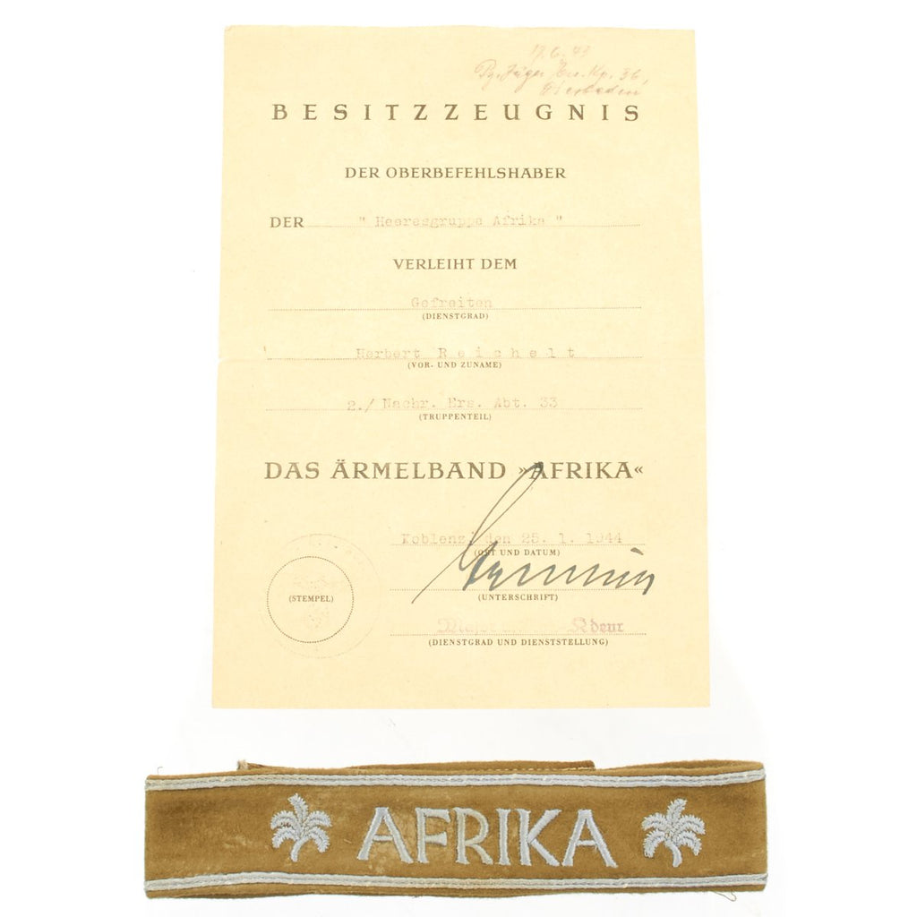 Original German WWII Afrikakorps Cuff Title DAK with Award Document Original Items