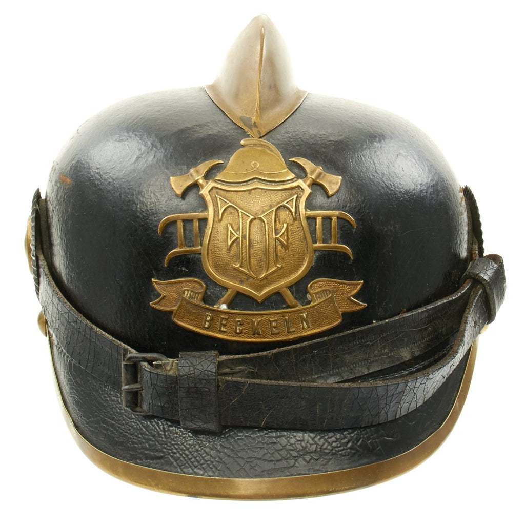 Original German WWI Leather Fire Brigade Helmet from Beckeln by Lehmann & Wundenberg of Hannover Original Items