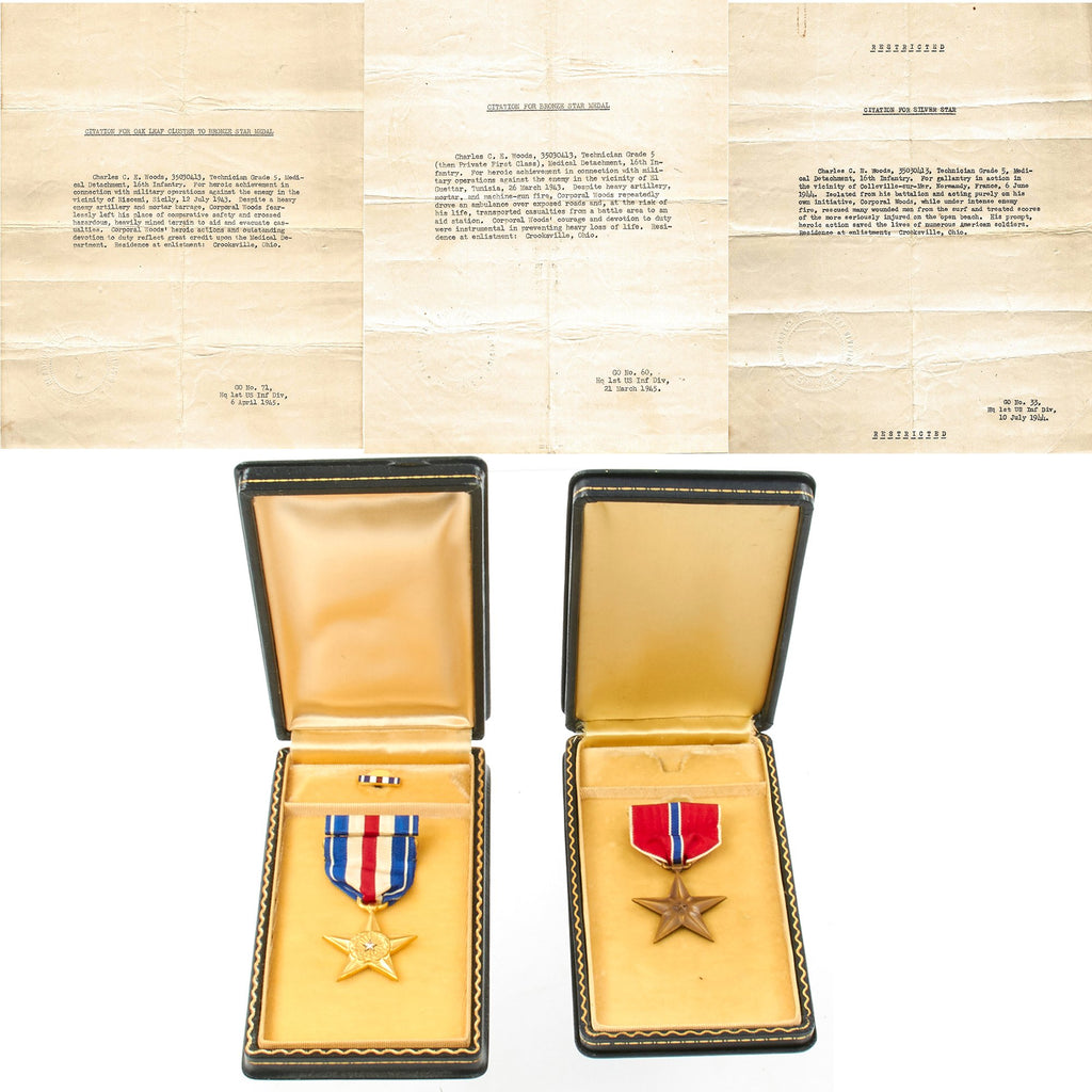Original U.S. WWII D-Day 16th Infantry Regiment Medic Silver Star and Bronze Star with Citations Original Items