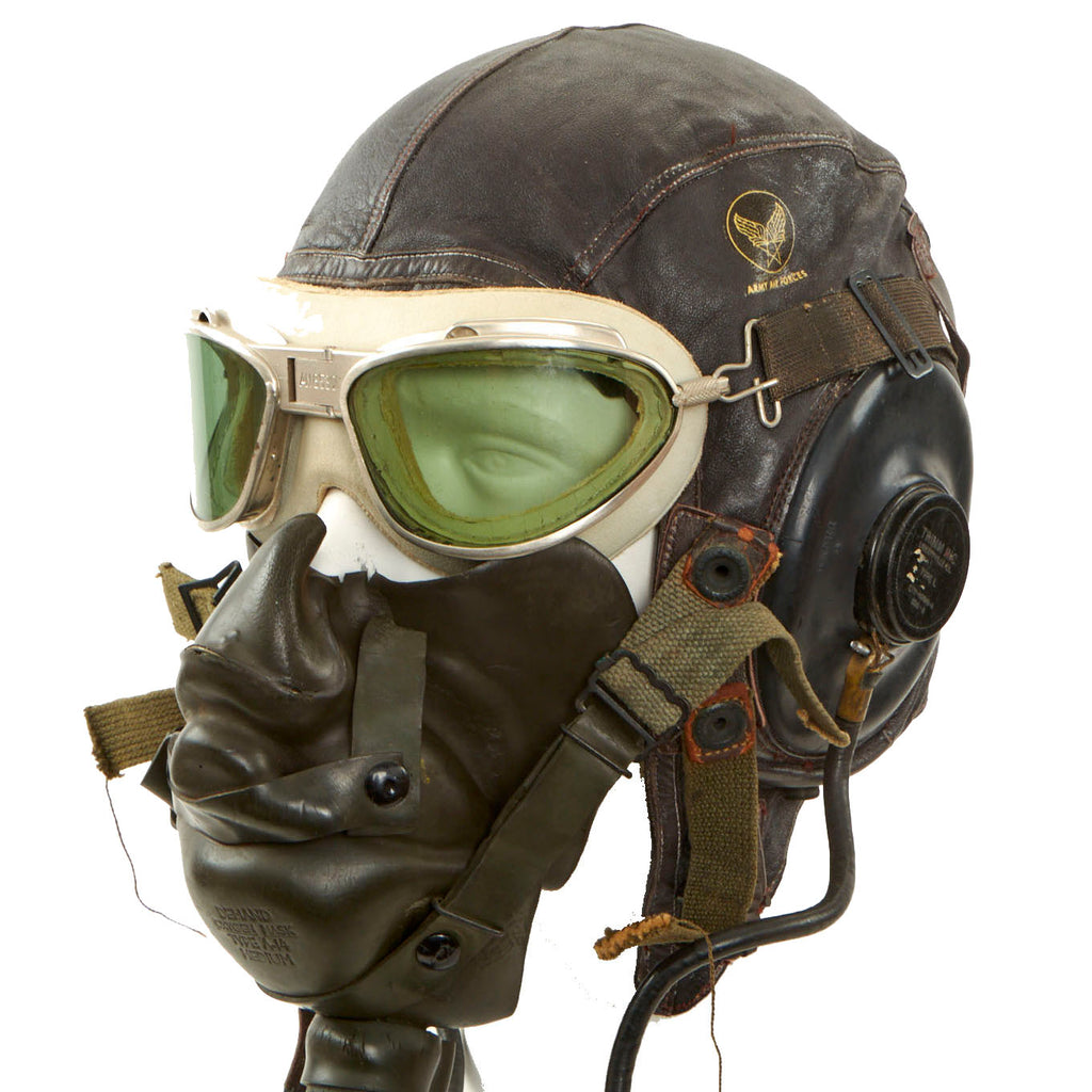 Original U.S. WWII Army Air Force Aviator Flight Helmet Set - AN6530 Green Tint Goggles, A-14 Mask, A-11 Helmet Original Items