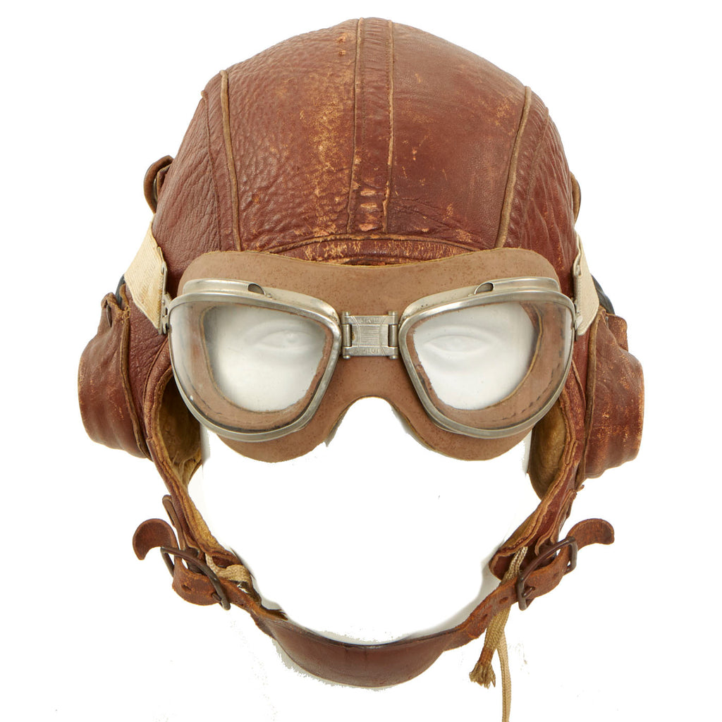 Original U.S. WWII Navy Marine Corps NAF-1092 Leather Flight Helmet with Avionics and MKII Pilot Goggles - Size 7 1/2 Original Items