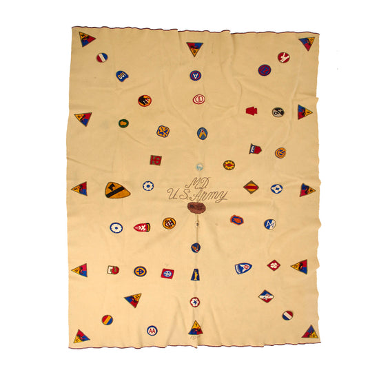 Original U.S. WWII US Army Medical Department Patched Souvenir Blanket Featuring 22nd Fighter Squadron Painted Leather Patch - 51” x 73” Original Items