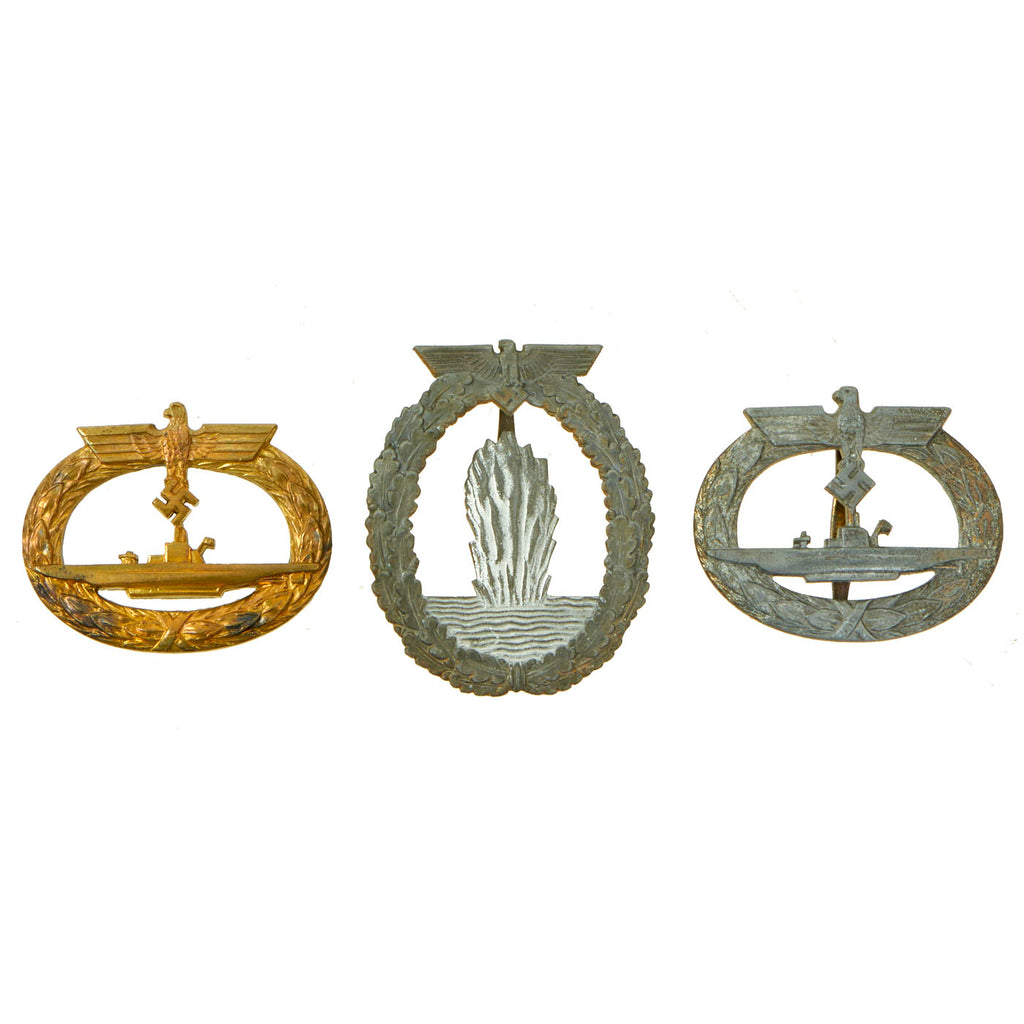 Original Set of Three Damaged German WWII Kriegsmarine Badges - (1) Minesweeper & (2) U-boat War Badges Original Items