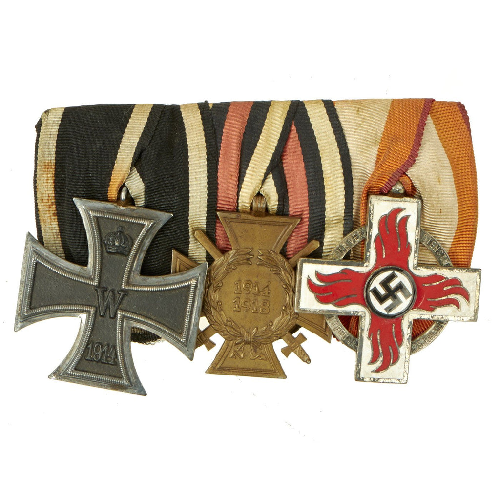 Original German WWI & WWII Era Medal Bar with EKII, Hindenberg Cross & Fire Brigade Medal - 3 Awards Original Items