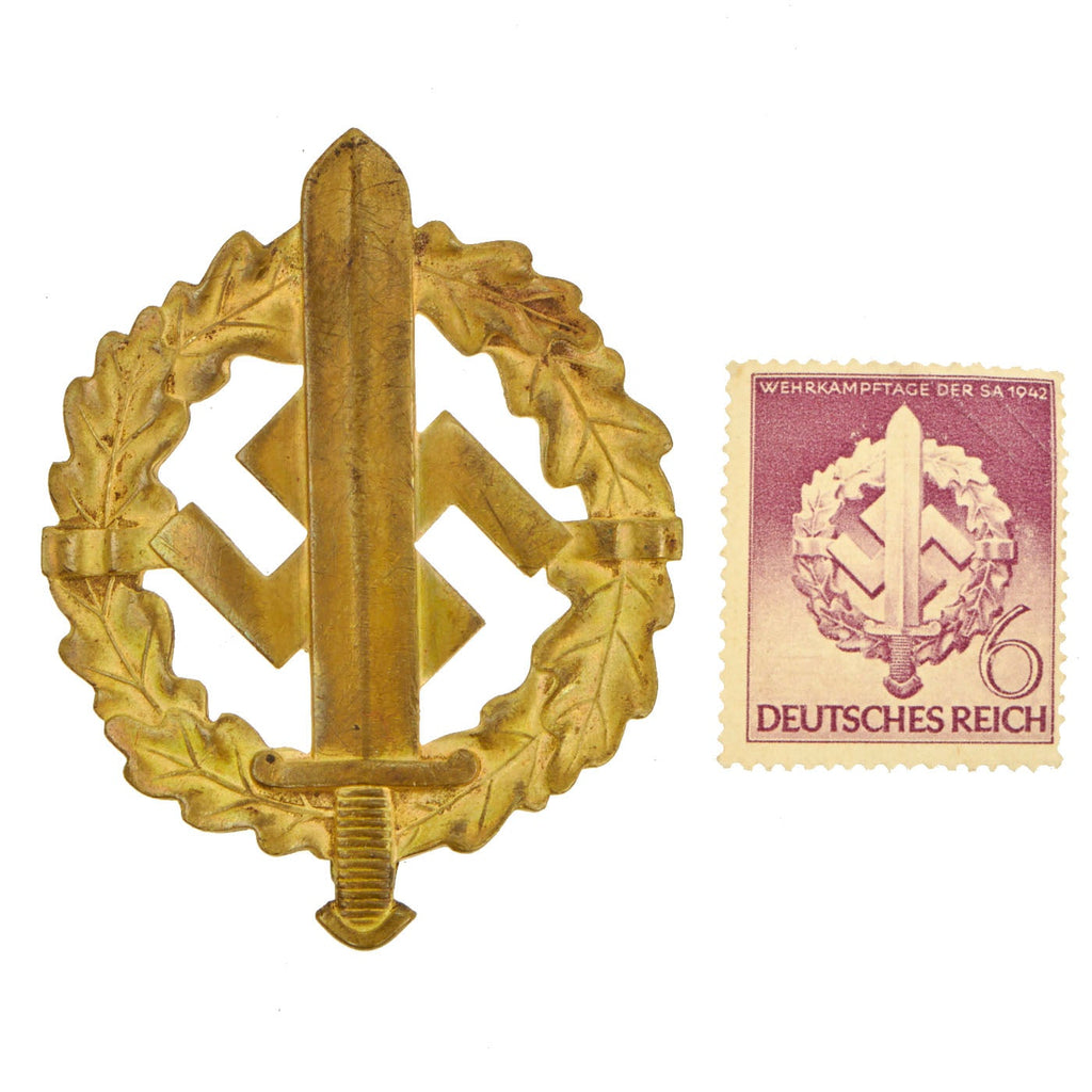 Original German WWII Gold Grade SA Sports Badge by Ernst Schneider with 1942 SA Stamp Original Items