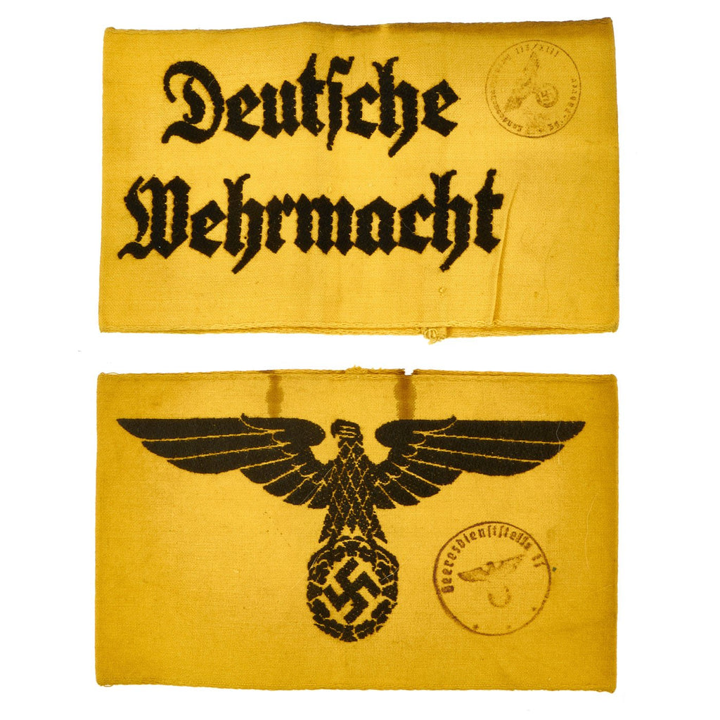 Original Set of Two German WWII Embroidered Depot Stamped Armbands: State Service & Deutsche Wehrmacht Original Items