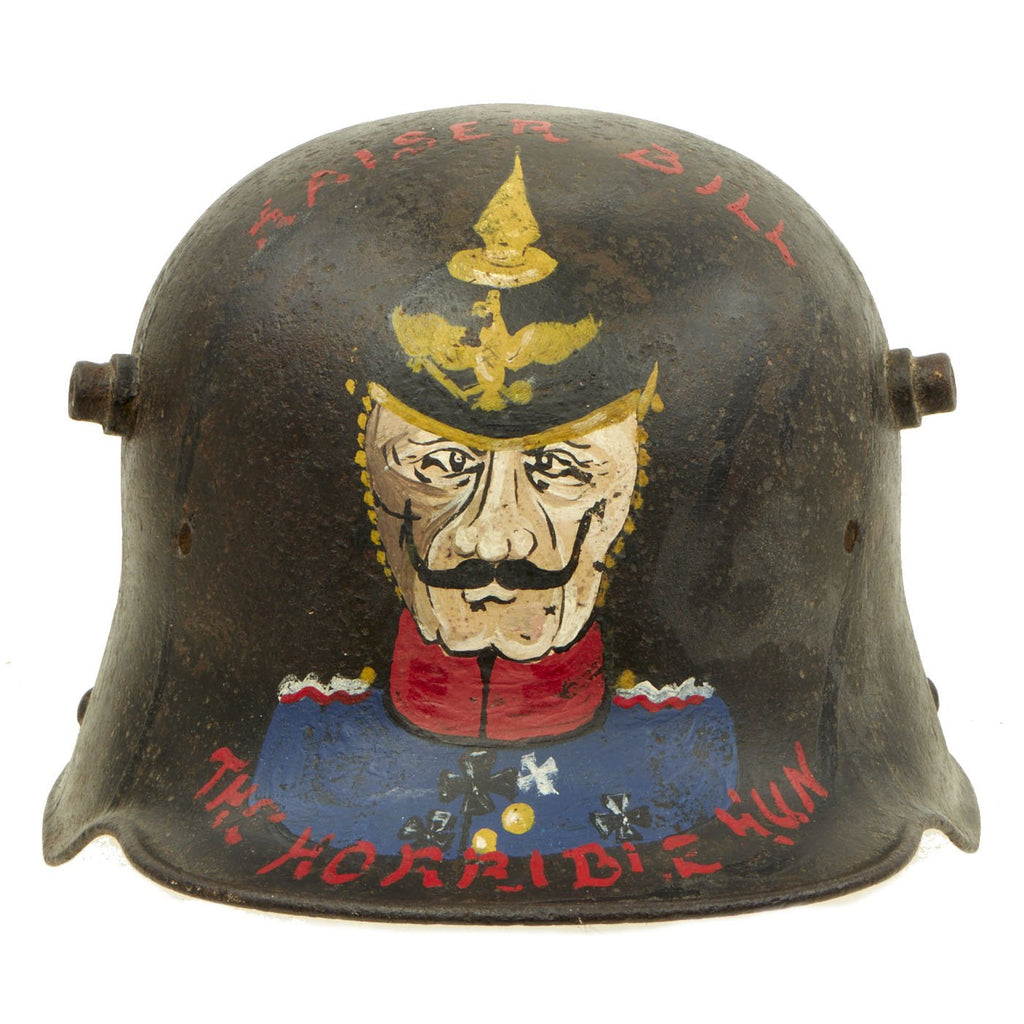 Original Imperial German WWI M-1916 Helmet- Veteran Applied Camo and Kaiser Bill Caricature Original Items