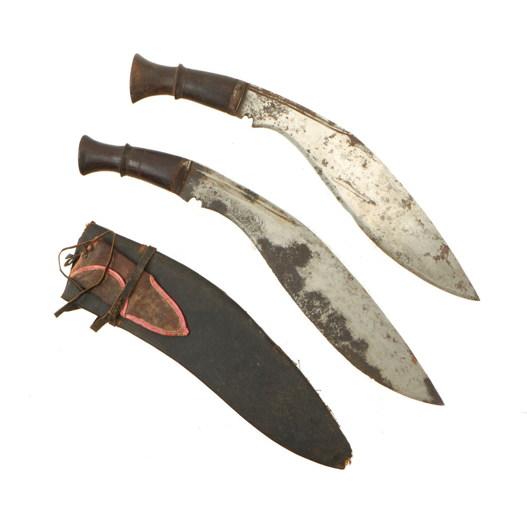 Original Set of Two Nepalese Gurkha Kukri Fighting Knives - One Long Leaf with Scabbard & One Bhojpure Original Items