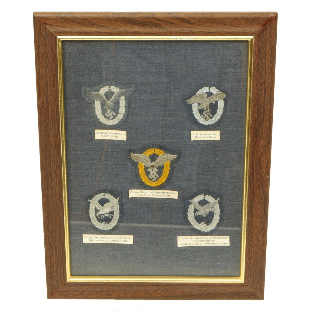 Original German WWII Luftwaffe Bomber Air Crew Embroidered Cloth Badge Collection in Frame - 5 Badges Original Items