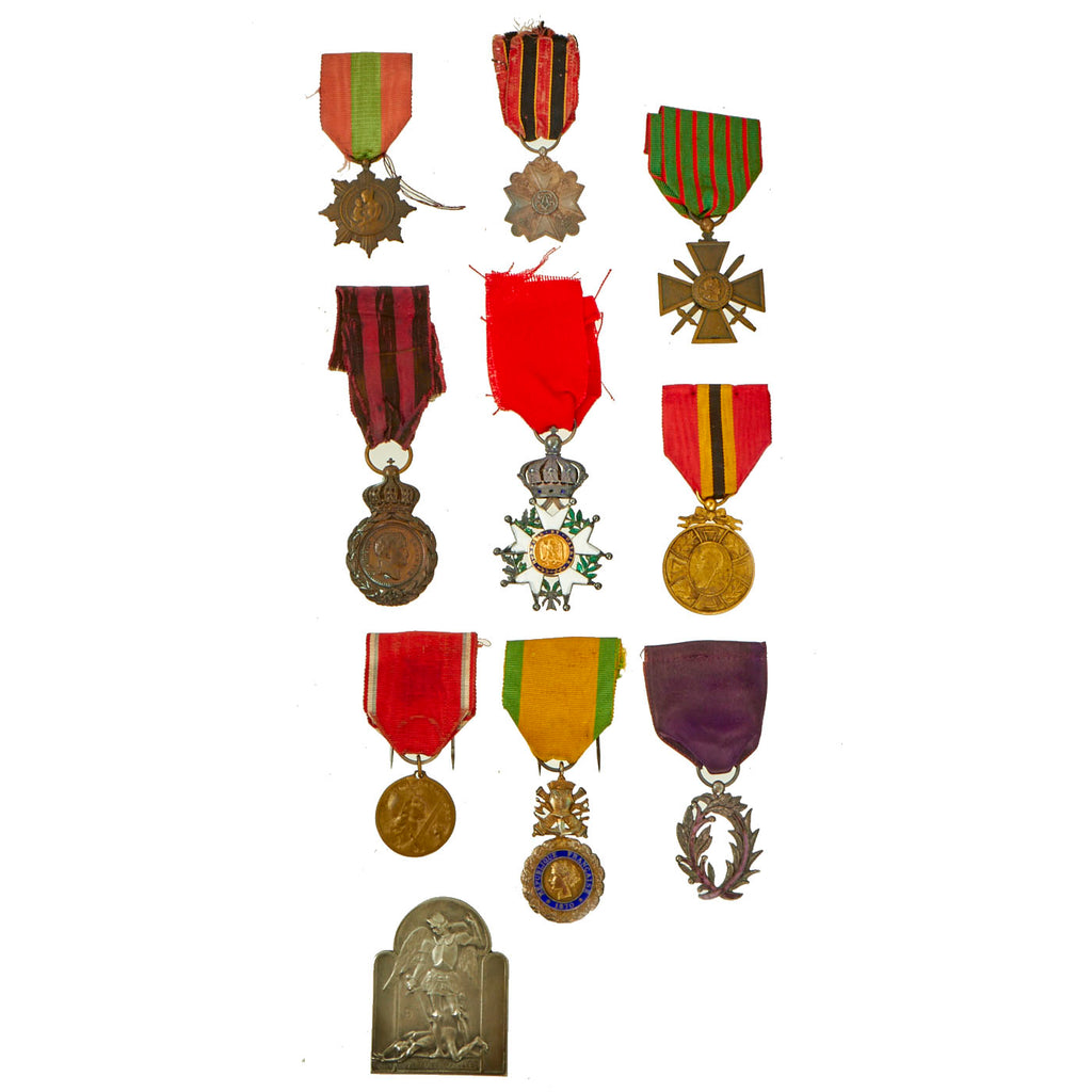 Original French & Belgian Pre WWI to WWI Medals and Decoration Lot Featuring The St. Helena Medal, The First French Campaign Medal - 10 Items Original Items