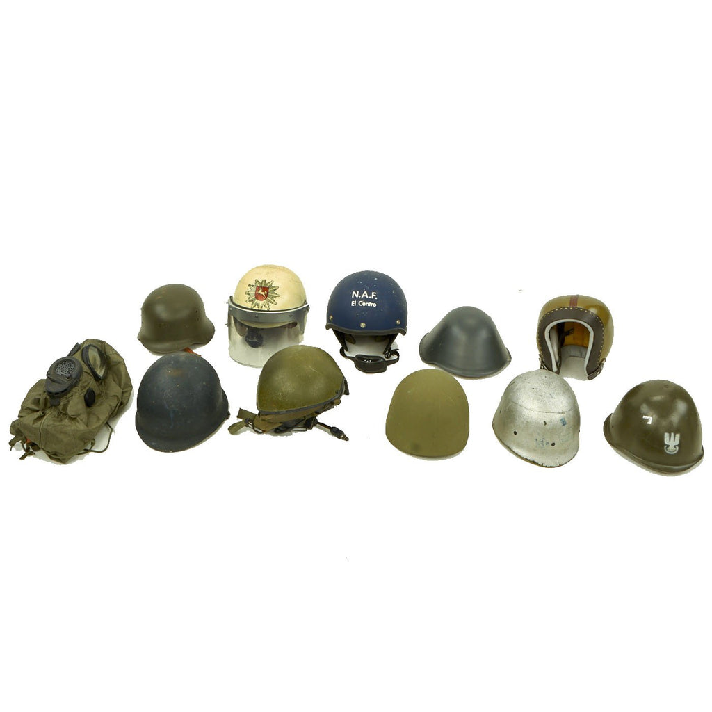 Original 20th Century Military Headgear Collector's Set - 9 Helmets & 1 Gas Mask Hood Original Items