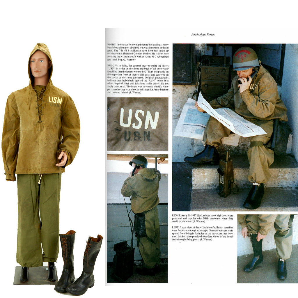 Original U.S. WWII Navy Beach Battalion Paint N-2 Rain Uniform with M-7 Rubberized Boots - As Seen In Book Original Items