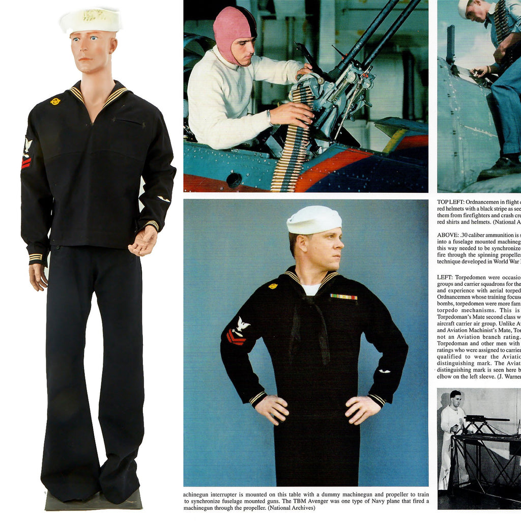 Original U.S. WWII Navy Torpedoman's Mate Assigned to Aviation Unit Jumper with Cap and Pants - As Seen In Book Original Items