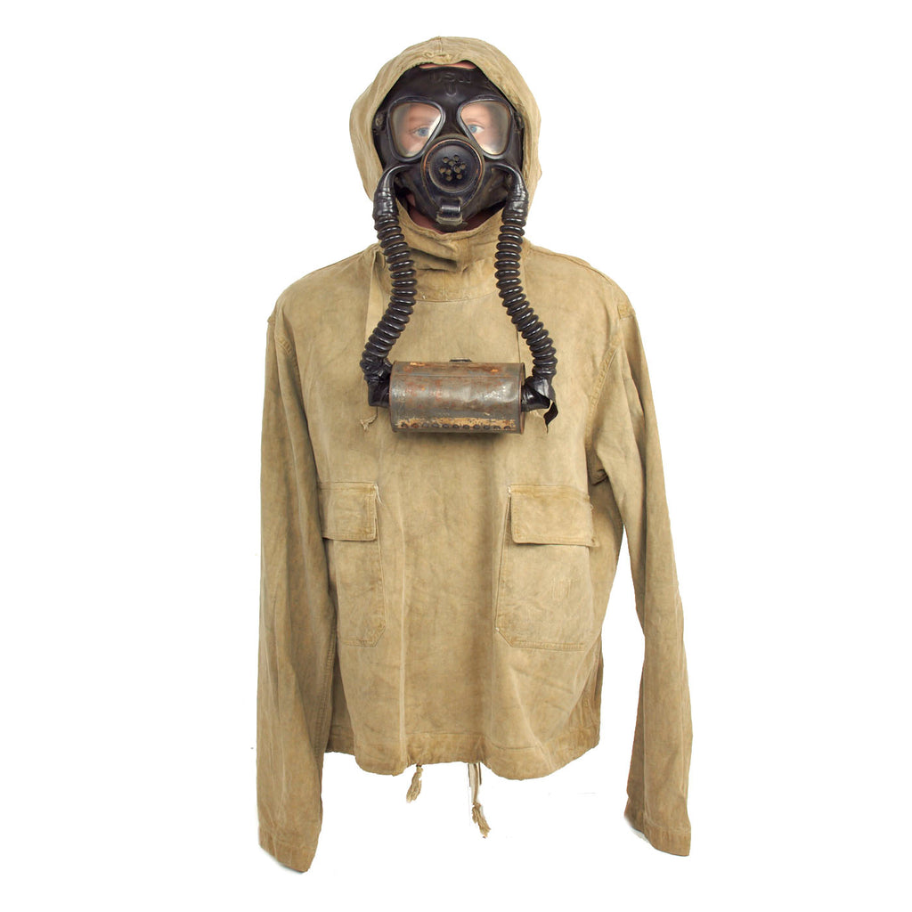 Original U.S. WWII Navy Gas Protective Jacket Impregnated for D-Day Invasion with ND Mark IV Diaphragm Gas Mask Original Items