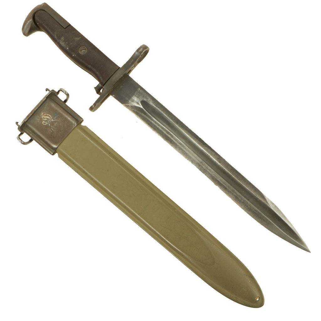 Original U.S. WWII M1 Garand 10 inch Cut Down Bayonet by American Fork & Hoe with M7 Scabbard - dated 1943 Original Items