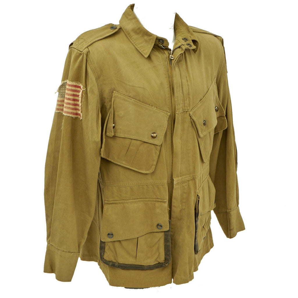 Original U.S. WWII 82nd Airborne M1942 Paratrooper Jacket with Invasion Flag Patch and Post War Reinforcement Original Items