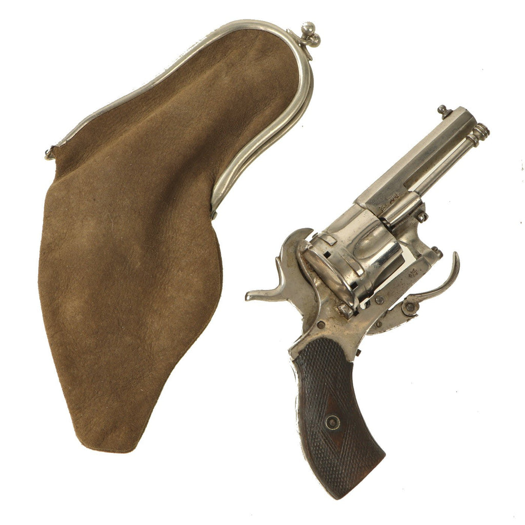 Original French Ladies Small 7mm Pinfire Pocket Revolver with Leather Purse Holster circa 1860 Original Items
