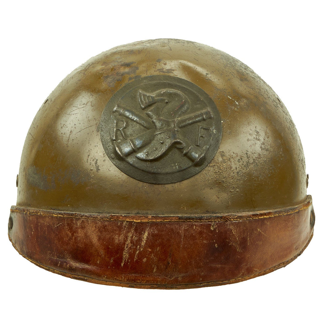 Original French WWII Model 1935 Tanker Armored Vehicle Helmet with Artillery Badge Original Items