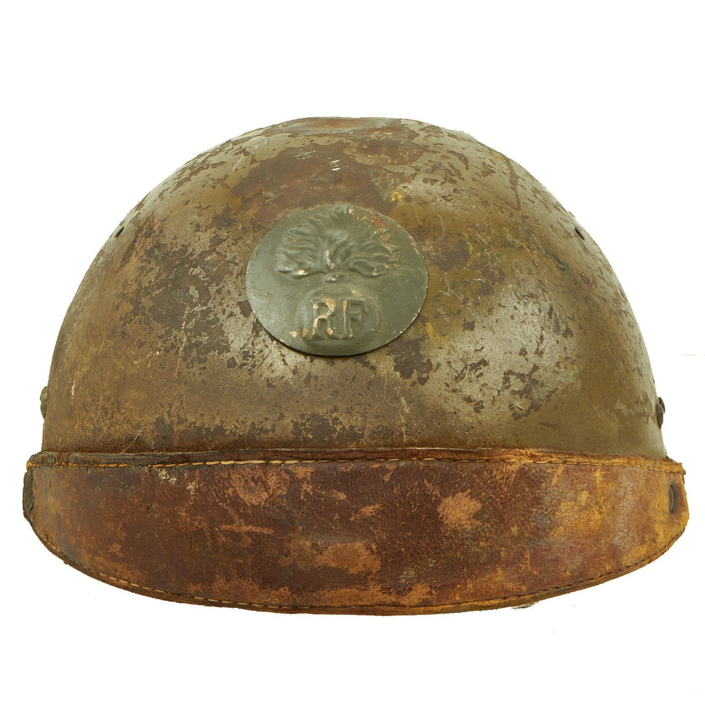 Original French WWII Model 1935 Tanker Armored Vehicle Helmet with R.F. Badge Original Items