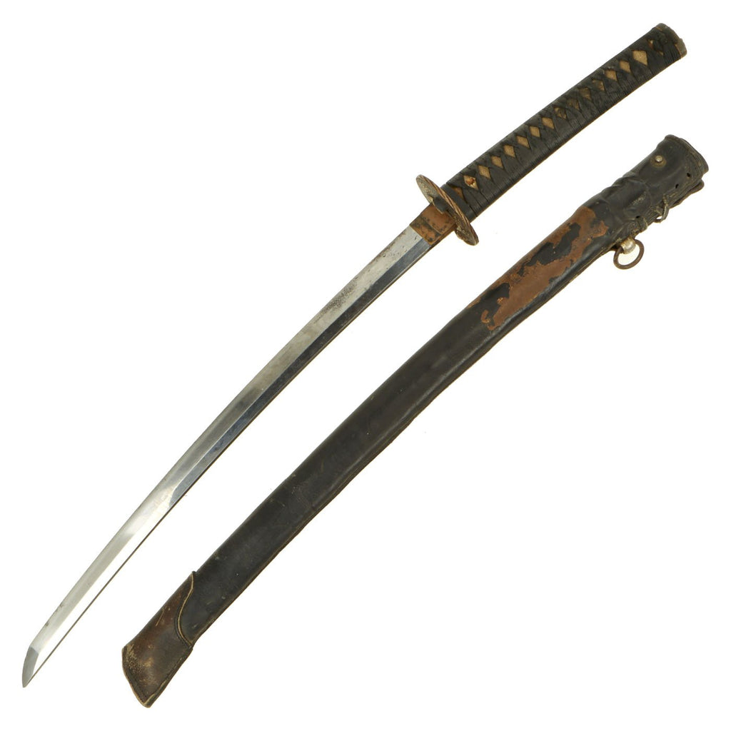 Original Edo Period WWII Reissued Japanese Wakizashi Sword with Handmade Blade and Leather Covered Scabbard Original Items