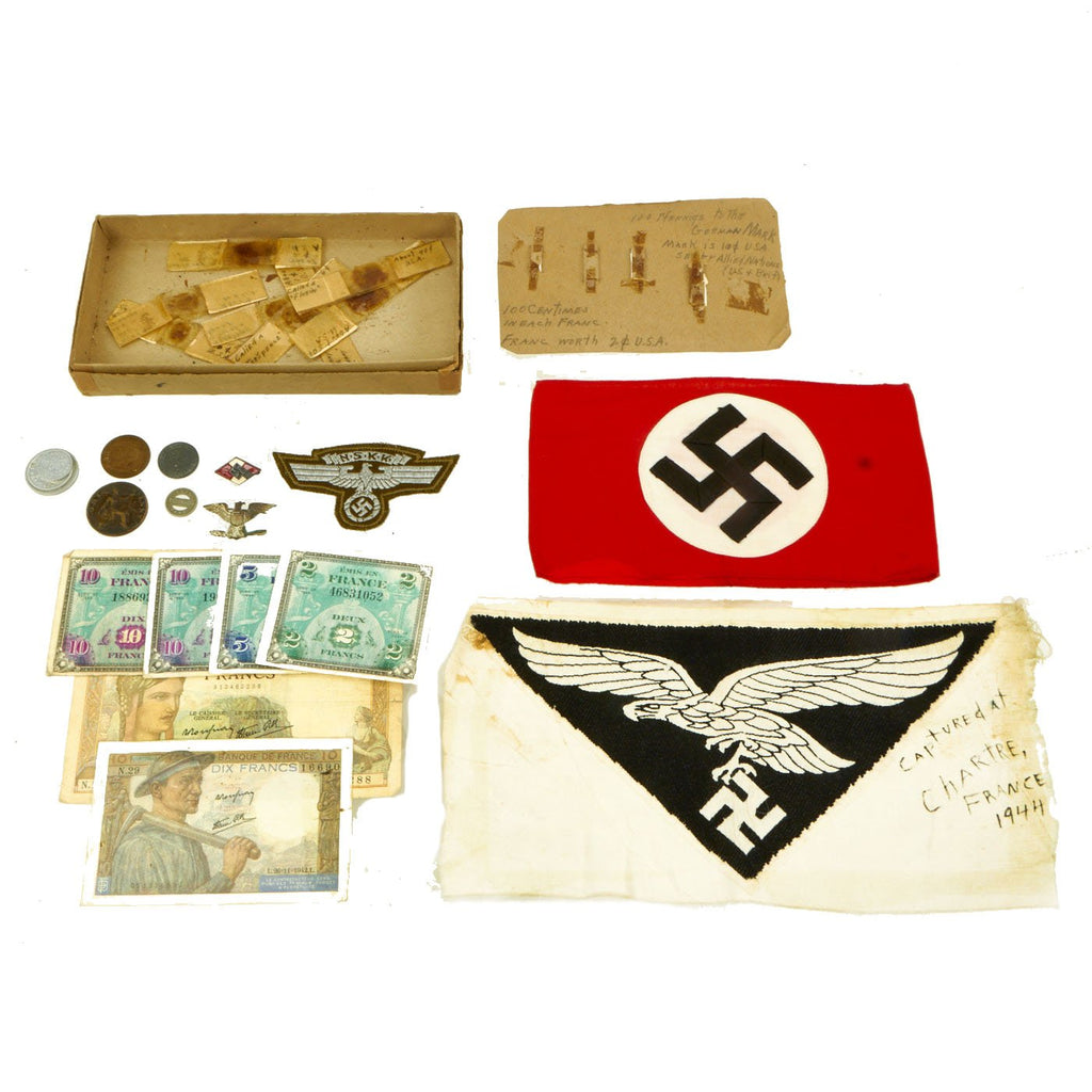 Original German & French WWII XX Corps USGI Bring-back Grouping: Insignia & Currency in Box Original Items
