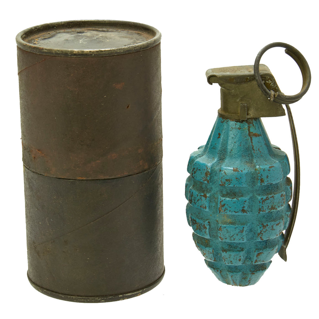 Original U.S. WWII M21 Practice MkII Pineapple Grenade with M10A2 Fuze in M41 Canister - INERT Original Items