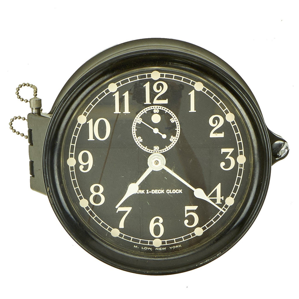 Original WWII Era U.S. Navy Type Mark I Deck Clock by M. Low With Chelsea Winding Key - Fully Functional Original Items