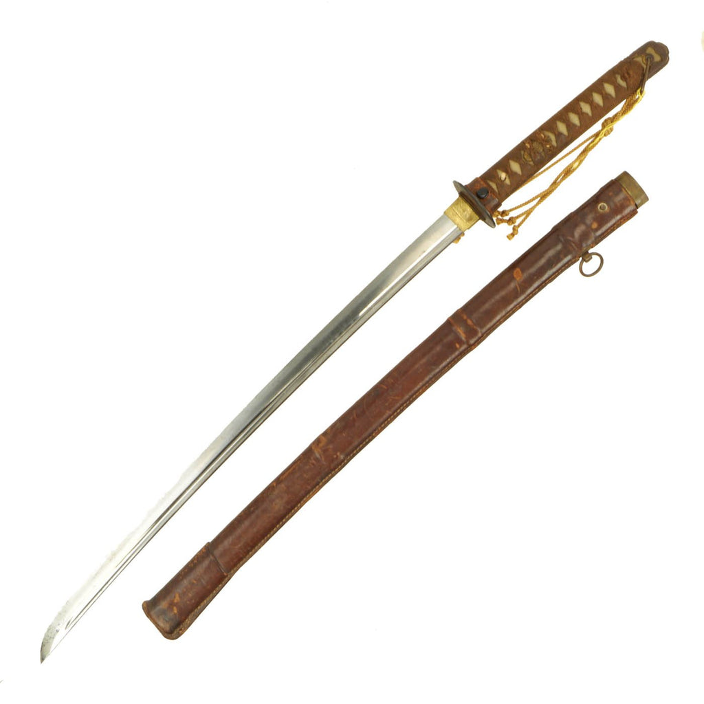 Original WWII Japanese Shin-Gunto Katana with 18th C. Handmade Fullered Blade & Leather Covered Wood Scabbard Original Items