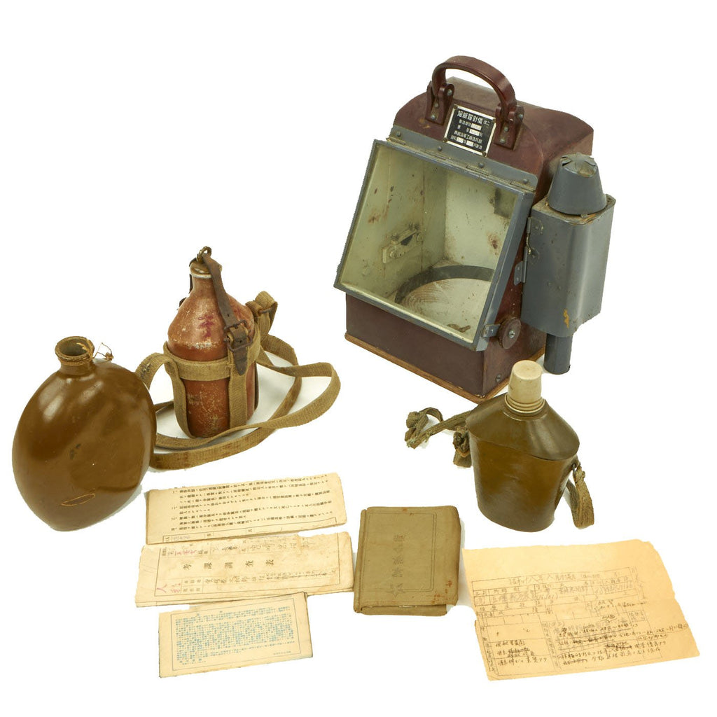 Original WWII Imperial Japanese Field Equipment Collection - Lamp - Canteens - Papers Original Items