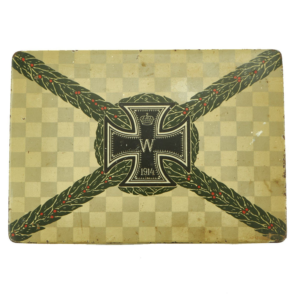 Original Imperial German WWI 1914 Iron Cross Christmas Cookie Tin with Central Powers Flags on the Sides Original Items