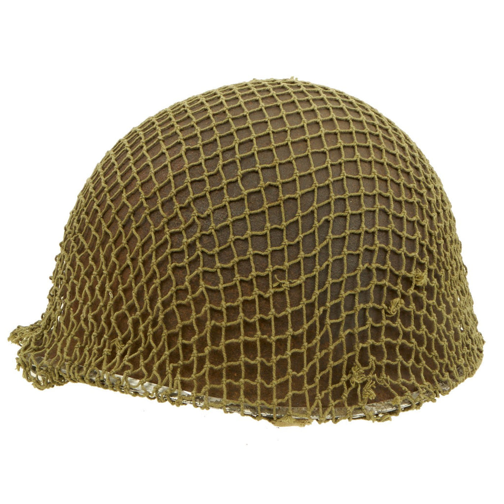 Original U.S. WWII Front Seam Fixed Bale M1 Helmet with Liner and Camouflage Net Original Items
