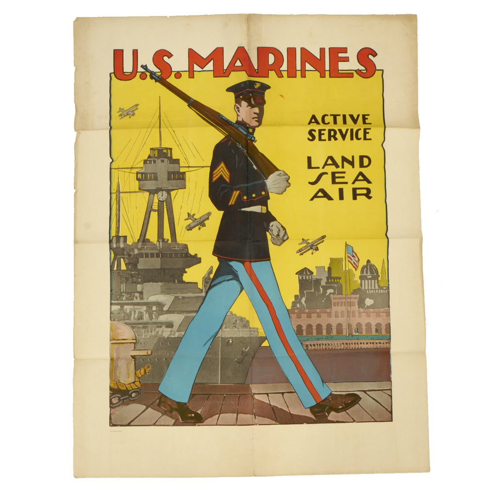 Original U.S. WWI Marine Enlistment Poster - Active Service - Land Sea Air Original Items