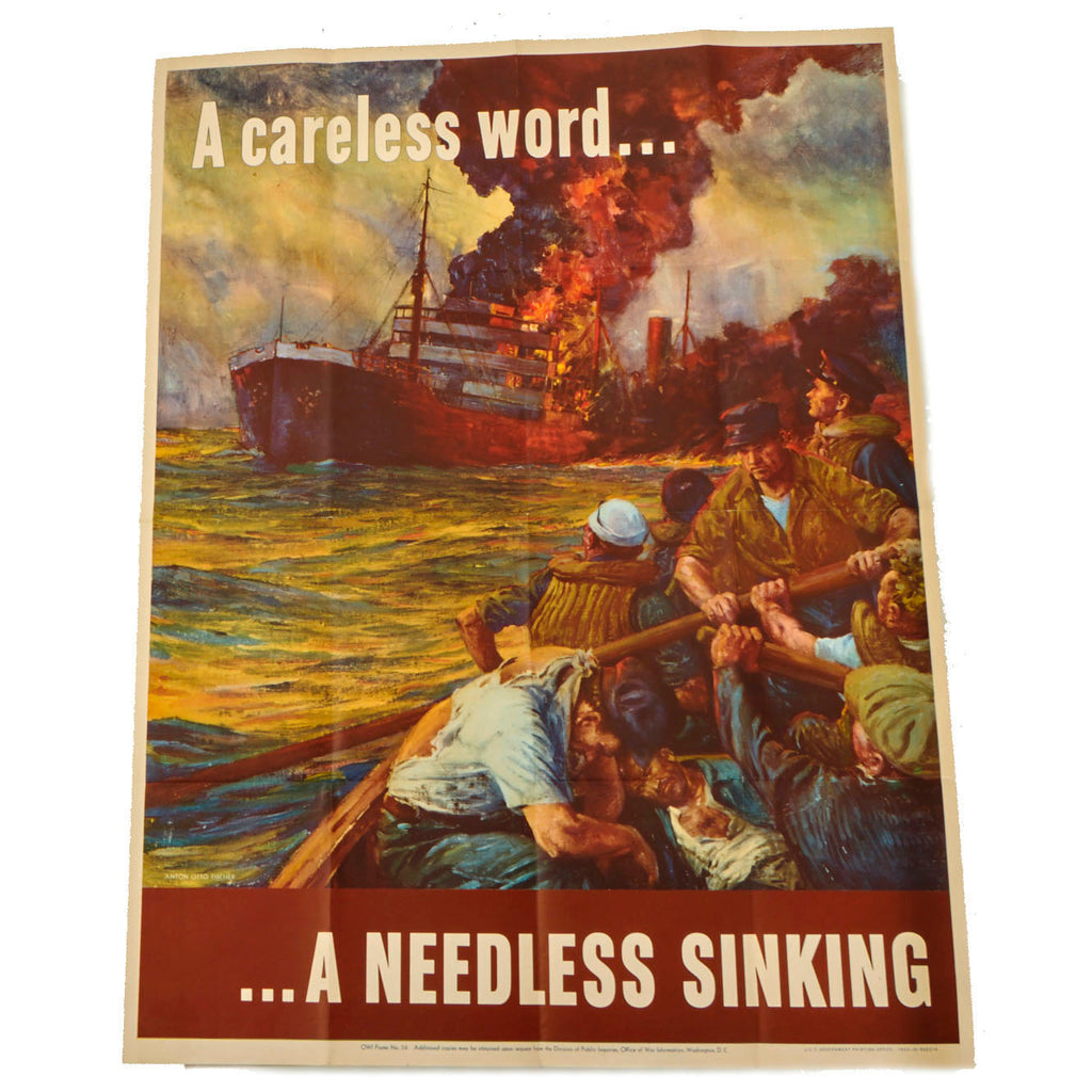 Original U.S. WWII Espionage & Careless Talk Propaganda Poster - A Careless Word, A Needless Sinking - 37" x 28" Original Items