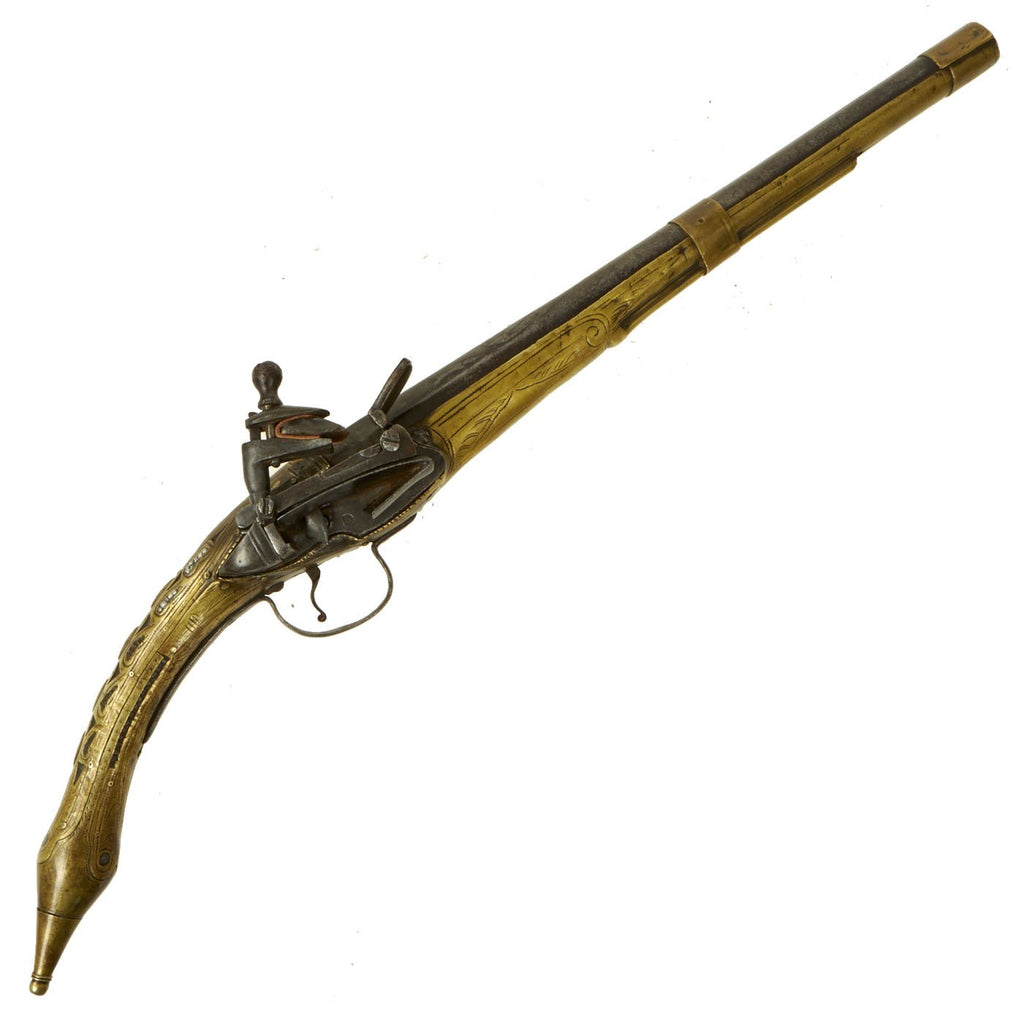 Original 19th Century Balkan Brass Clad Miquelet Lock Rat Tail "Pirate" Pistol - circa 1820 - 1850 Original Items