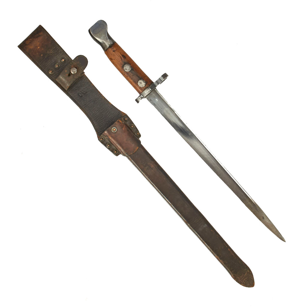 Original Dutch Geweer M. 95 T-Back Bayonet Shortened to German WWII Seitengewehr 102 (h) with Scabbard Original Items