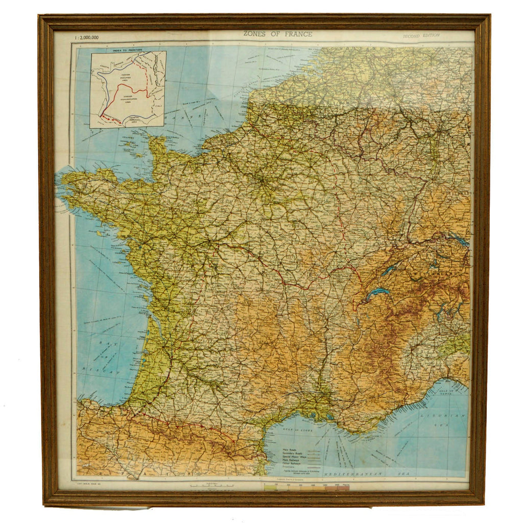 Original U.S. WWII Airborne D-Day Silk Map "Zones of France" - Dated March 1944 - WEA Western European Area - FRAMED Original Items
